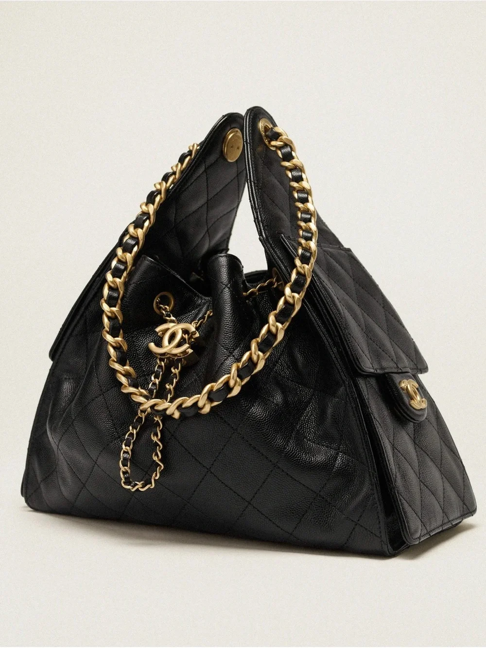 Chanel 25 Black Quilted Caviar Leather Shoulder Bag with Gold Chain